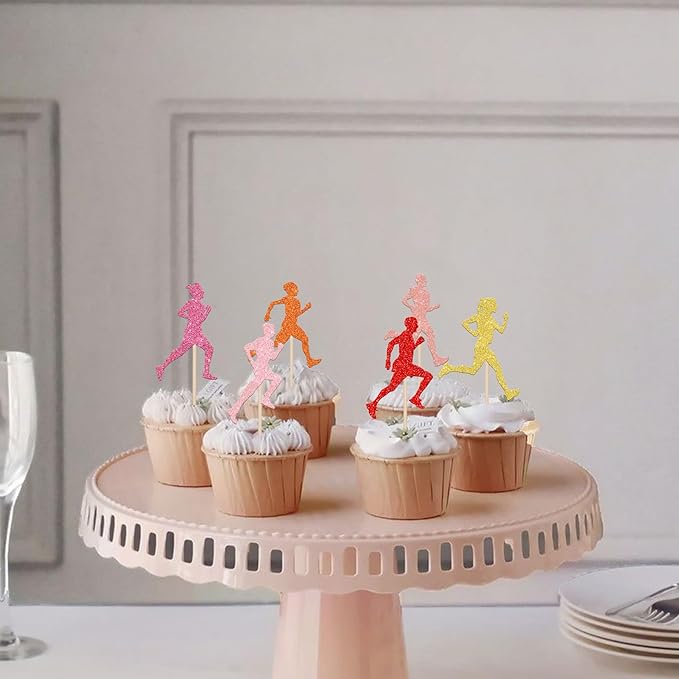 24 PCS Running Cupcake Toppers Glitter Sports Fitness Run Cupcake Picks for Running Theme Boys Girls Marathon Birthday Party Cake Decorations Supplies Multi Colors