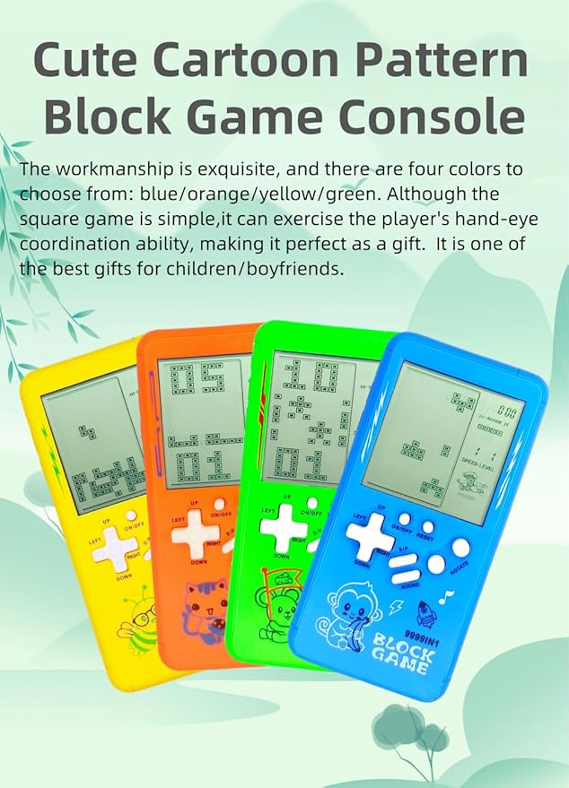 Cute Cartoon Pattern Brick Game Console Built-in Multi-Block Games Racing/Tank Battle Retro Pocket Machine Electronic Game Portable Toys for Children/Adults (Blue)