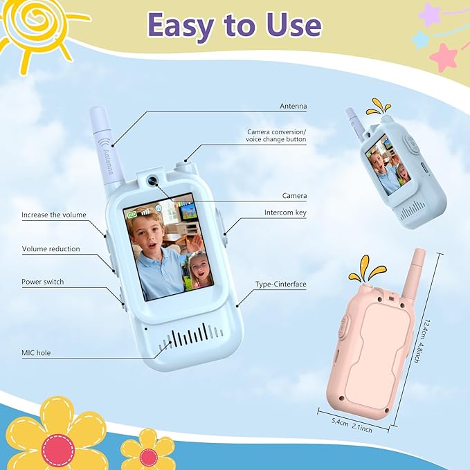Video Walkie Talkies for Kids, 2 Pack Rechargeable Kids Walkie Talkies, Screen Display and Voice Changer, Indoor Outdoor for Boys and Girls, Age 3-12 (Blue & Pink)