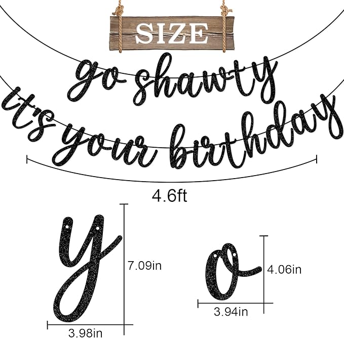Go Shawty It's Your Birthday Banner, Hip Hop Birthday Party Decorations Supplies, Rap Theme Bday Bunting Sign, Pre-strung, Photo Props (Black)
