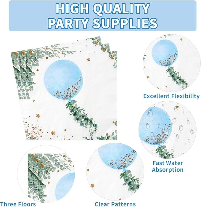Grencian 96 PCS Boy Watercolor Blue Balloon Party Supplies Boys Plates and Napkins Disposable Greenery It's A Boy Baby Shower Tableware for Birthday Boys Baby Shower Decorations, Serves 24