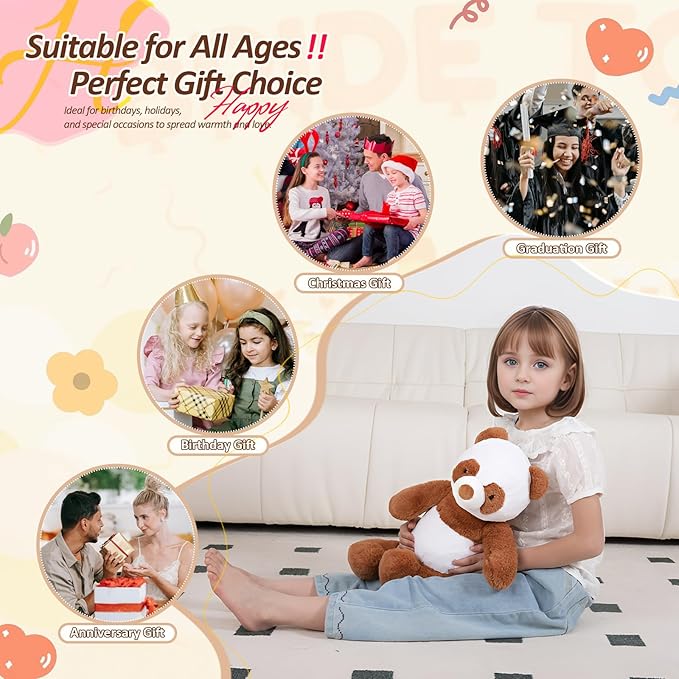 18" Panda Stuffed Animal Plush Toy Cute Soft Body Plushies Doll Kawaii Giant Panda Bear, Room Decoration Brown Bear Throw Pillow, Gift for Kids Boy Girl Birthday Valentines Christmas