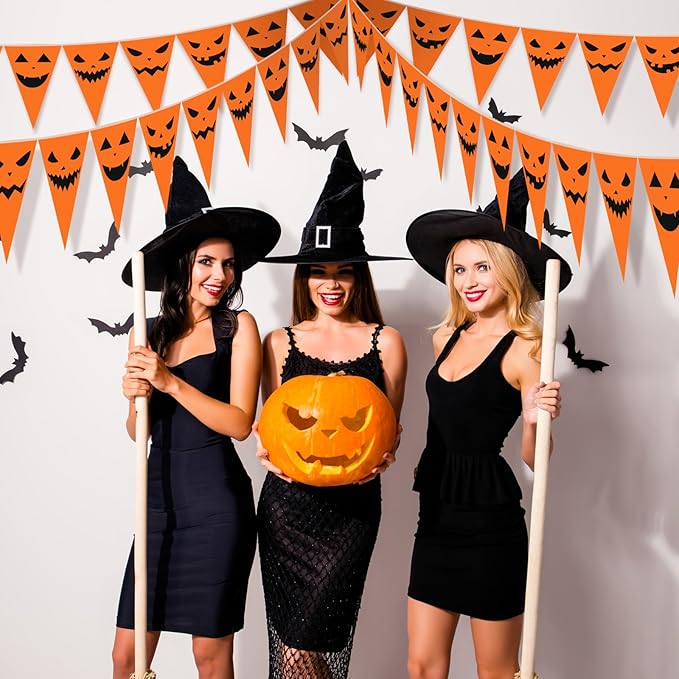 Jetec 5 Pieces 49 Feet Halloween Pumpkin Pennant Banner Party Decorations Spooky Funny Pumpkin Triangle Flags Bunting Banners for Halloween Spooky Birthday Party Decor Indoor Outdoor Supplies