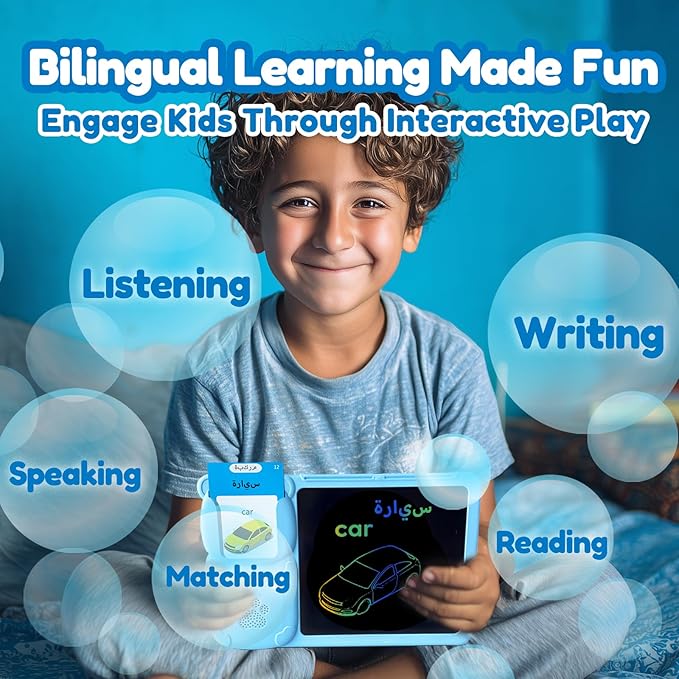 Drawing Tablet with Bilingual Flashcards for Kids - Arabic English Talking Flash Cards, LCD Writing Pad Board, Pocket Speech for Toddlers, Learning Toy Gift for Boys Girls (Arabic, Blue)