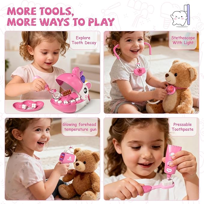 Dentist Play Set Toys for Girls, Doctor Kit for Toddlers 3-5, Unicorns Pretend Play Girl Toys 3 4 5 6 7 8 Years Old, Kids Doctor Playset with Light & Sound, Birthday Gifts for 3 4 5 6 7 8 Year Old
