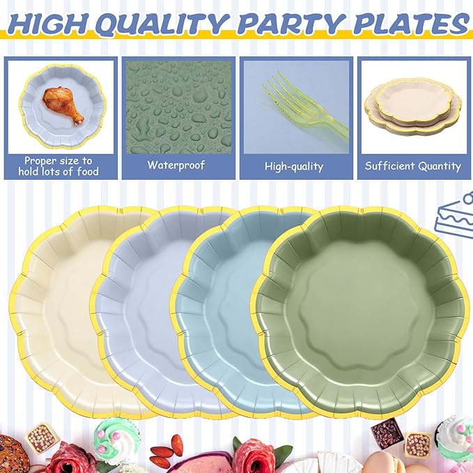 96 Pcs Dusty Blue Sage Green Gold Plates Party Supplies Severs, Guests Disposable Party Decorations, 7'' and 9'' Scalloped Paper Plates, Cocktail Napkins Plastic Forks for Birthday Wedding