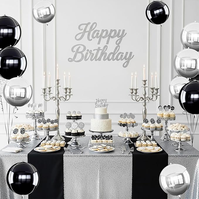 TONIFUL 16Pcs Large Black Silver 4D Giant Round Foil Balloon 4D Mirror Metallic Mylar Sephere Balloons for Christmas New Year Birthday Party Graduation Wedding Baby Shower Decoration Supp(Mix Sizes)