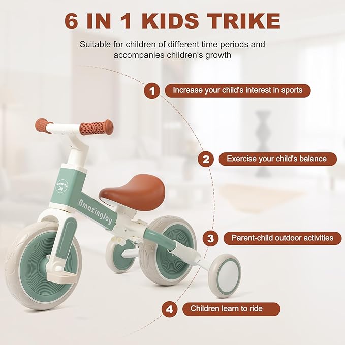 6-in-1 Toddlers Tricycle Baby Balance Bike, Kids Steering Push Handle Bicycle with Removable Pedals, Adjustable Seat,Training Wheels Toys 18 months+ Birthday Gifts for Boys Girls 2 3 4 Year Olds, Mint