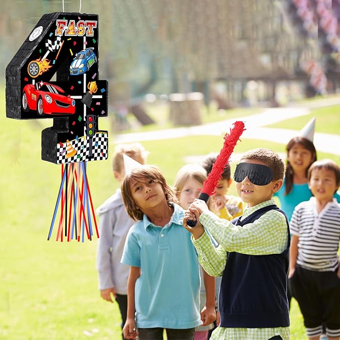 Race Car Piñata Pull String Cars Piñatas for Birthday Party Decorations Number 2 3 4 5 6 with Blindfold Stick Small Red Black Racing Theme 2nd 3rd 4th 5th 6th Party Supplies(Number 4)