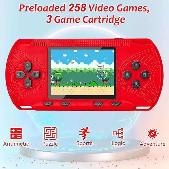 Handheld Game for Kids, Portable Video Game Player Preloaded 258 Retro Video Games & 3 Cartridges, 3.0" LCD Screen, Mini Gaming Player with Rechargeable Battery, Birthday Xmas Gift for Boys Girls 4-12
