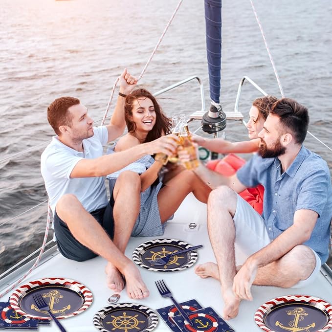 Grencian 96Pcs Nautical Anchor Party Supplies Navy Nautical Party Plates Sailor Boat Ship Paper Plates Disposable Anchor Theme Tableware Set for Baby Shower Birthday Party, Serves 24