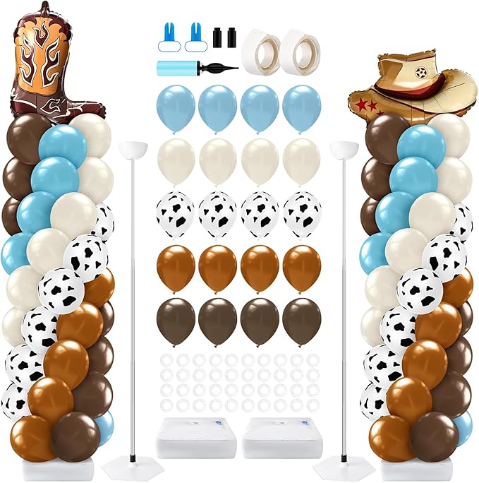 Kasyat 2 Set Western Cowboy Balloon Column Stand Kit, Brown Slate Blue Dusty Blue Sand White Cow Print Balloons Garland Arch Kit for Farm Western Cowboy Baby Shower Birthday Party Decorations