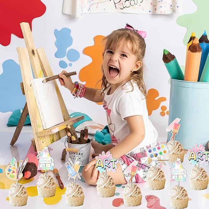 Art Birthday Party Decorations Girl - 24pcs Art Paint Party Cupcake Toppers, Pastel Rainbow Art Birthday Party Cake Decor for Crayon Painting Drawing Artist Birthday Party Supplies