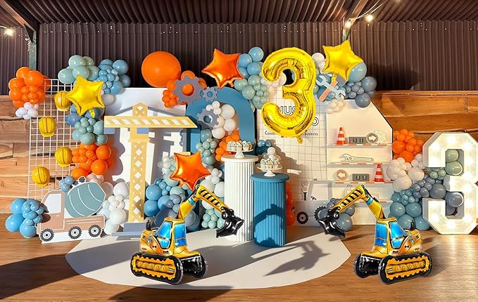Construction Balloons, Self Standing 4D Excavator Balloon, Golden and Orange Star Balloon, Number 3 Foil Balloons for Kids 3rd Birthday Party Decorations Supplies.(3rd)