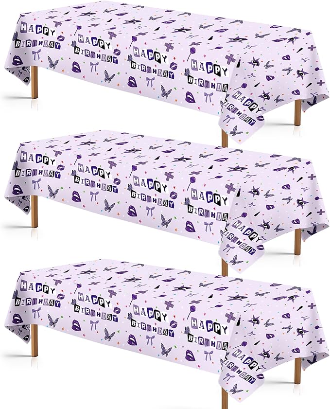 Grencian 3Pcs Purple Pop Music Tablecloth Table Cover Plastic Rectangle Table Cloth Music Theme Party Decorations for Girls Vocalist Tour Concert Fans Gathering Party Supplies 54" x 108"