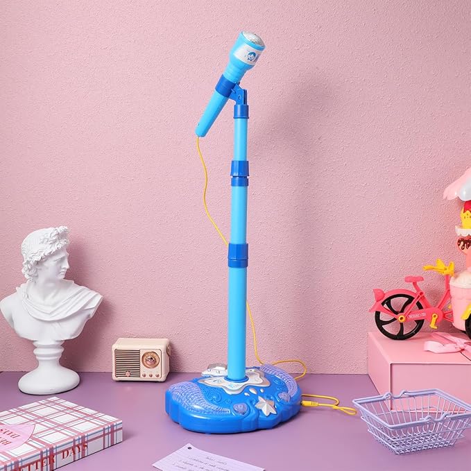 Musical Toys Karaoke Machine for Kids with Adjustable Stand and Microphones,Music Sing Microphone Toy with Flashing Stage Lights(Blue,Without Battery)