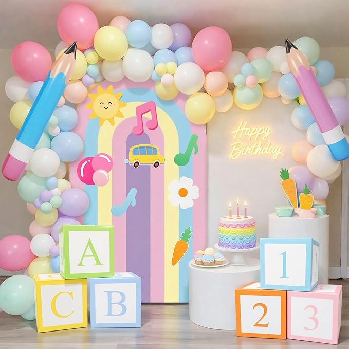 Moukeren 23 Pcs Large English Teacher Party Decor Kit Backdrop, 12 Cutouts, 4 Pencil Balloons 6 ABC Paper Blocks for Cartoon Girls Birthday Party Supplies Cartoon Themed Events