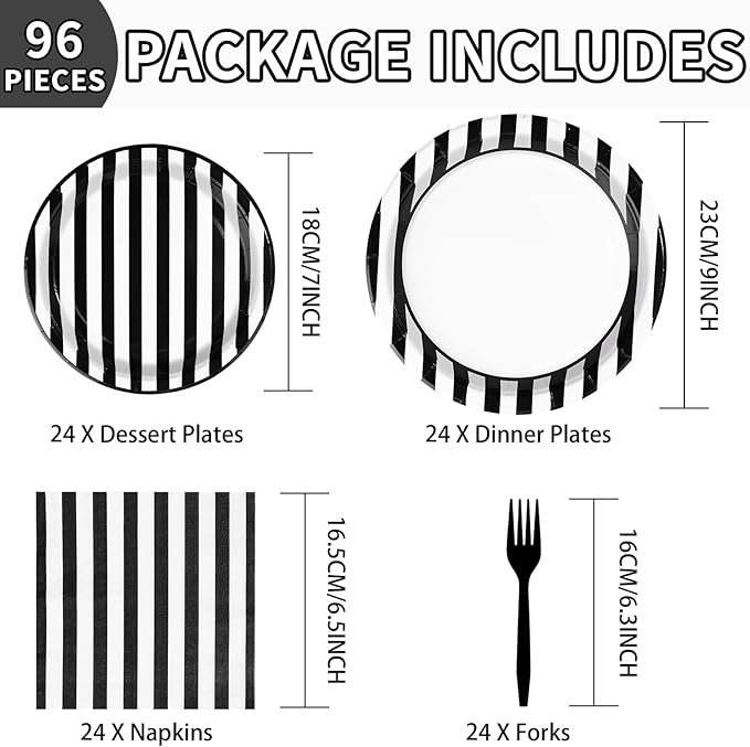 Grencian 96Pcs Black and White Striped Party Decorations Black and White Striped Party Plates Disposable 350GSM Striped Paper Tableware Set for Birthday Wedding Halloween Party, Serves 24