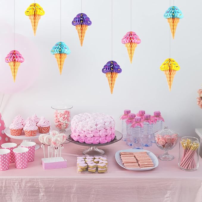 8PCS Ice Cream Honeycomb Balls Decorations Centerpieces for Tables Ice Cream Hanging Ceiling Sign Tissue Paper Ice Cream Party Supplies for Summer Theme Birthday Baby Shower Bridal Shower Party Favor