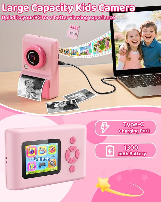 Kids Camera Instant Print, 20MP 1080P Video Instant Print Camera for Kids with 32GB SD Card, 240 Photos Printing, Face Recognition, ABS Durable, Christmas Birthday Gifts for Ages 3-12 (Pink)