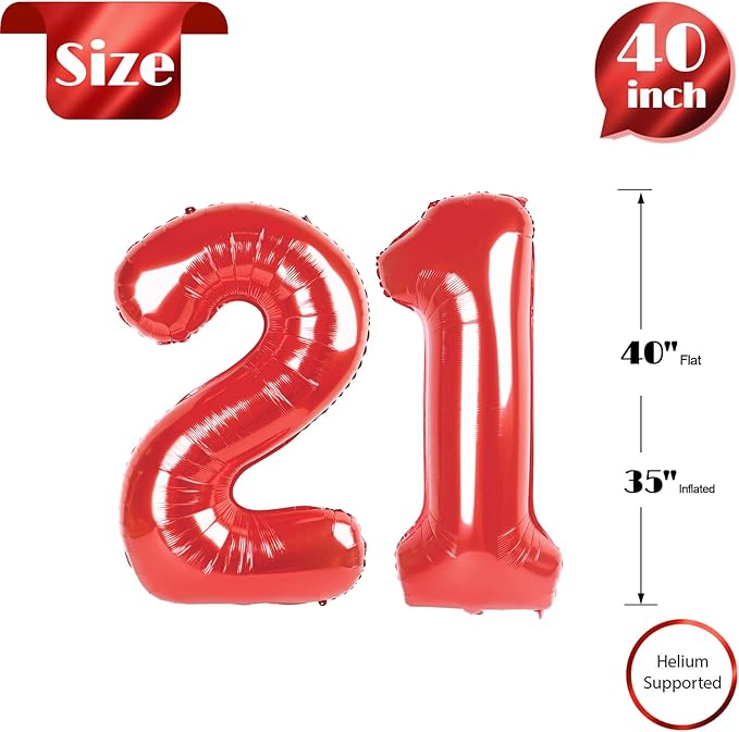 Red Number 21 Balloon 40 inch, 21 Number Balloons, 21th Red Birthday Decorations, 21 Year Old Girls Boys Party Supplies