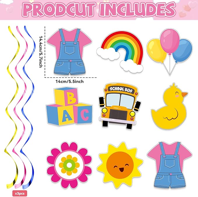 9Pcs Girls Party Decoration Cartoon Teacher Hanging Swirls Cartoon Girl Ceiling Streamers English Teacher School Bus Rainbow Hanging Decorations for Kids Birthday Baby Shower Classroom Party Supplies