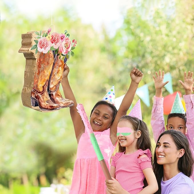 Pajean Cowgirl Boot Piñata Set Cute Western Piñata with Stick Blindfold Photo Prop Gift Holder for Girls Kids Bridal Shower Birthday Baby Shower Horse Racing Party Decoration Supplies