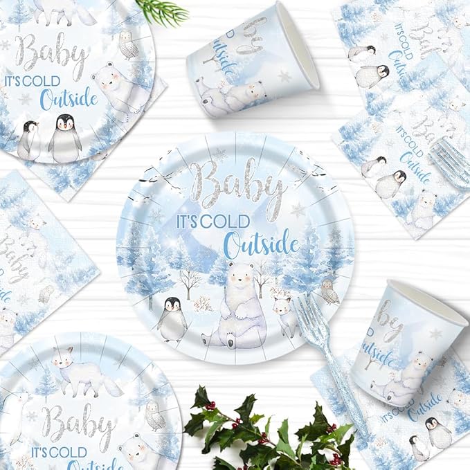 120pcs Winter Woodland Baby Shower Decorations Arctic Animals Plates Napkins Baby It's Cold Outside Cup Snowflake Penguin Arctic Fox Tableware Set Disposable Forks for 24 Guests