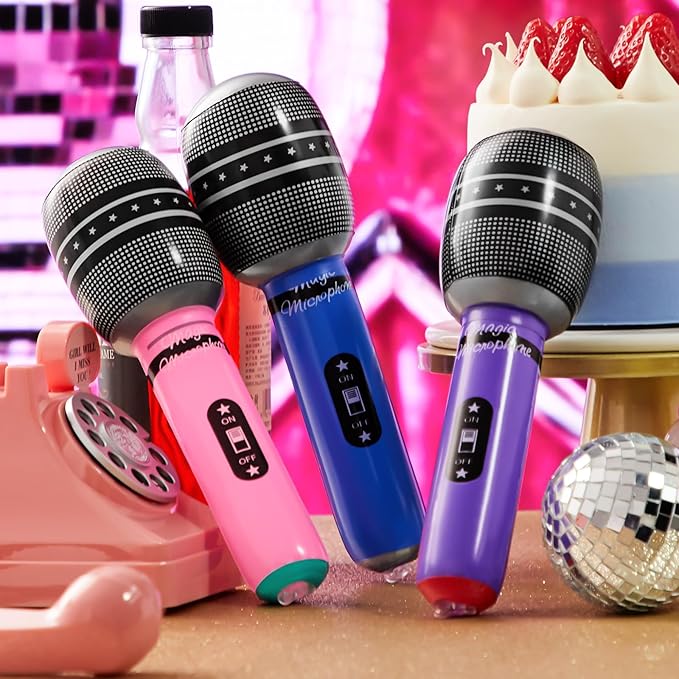Zhanmai 12 Pieces Inflatable Microphones for Parties 9.4 Inch Blow up Blue Pink Purple Plastic Fake Microphone Props Toys for Kpop Theme Musical Singer Concert Karaoke 80s 90s Party Supplies