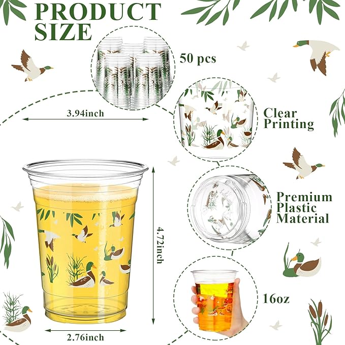 Qinyoung 50 Pcs 16 oz Mallard Duck Cups for Mallard Duck Party Decorations Mallard Duck Baby Shower Cups Plastic Disposable Drinking Cups Hunting Birthday Party Supplies