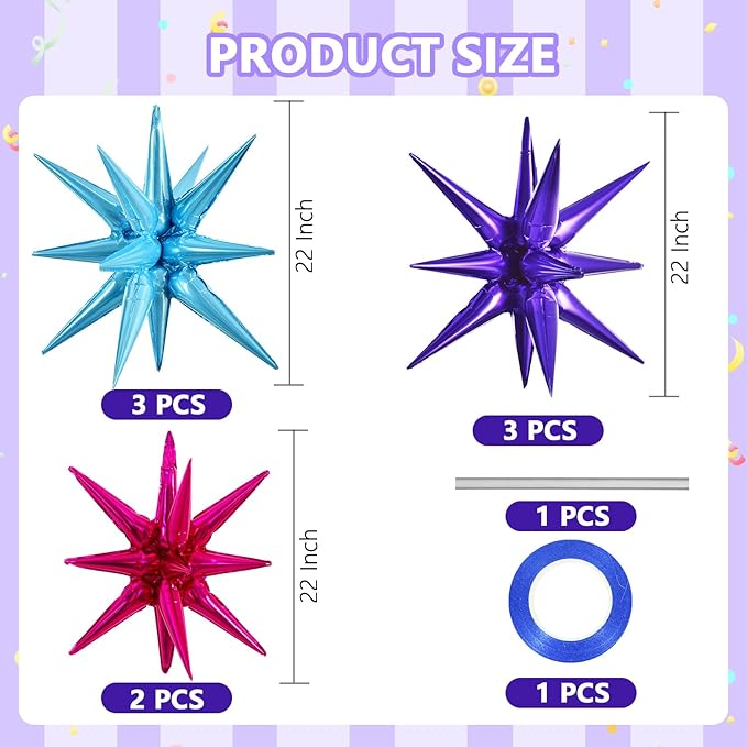 TONIFUL 8 Pcs Blue Purple Hot Pink Foil Balloons Large Star Balloons Explosion Star Mylar Balloons for Party Backdrop Christmas New Year Birthday Wedding Baby Shower Anniversary Photo Booth Supplies