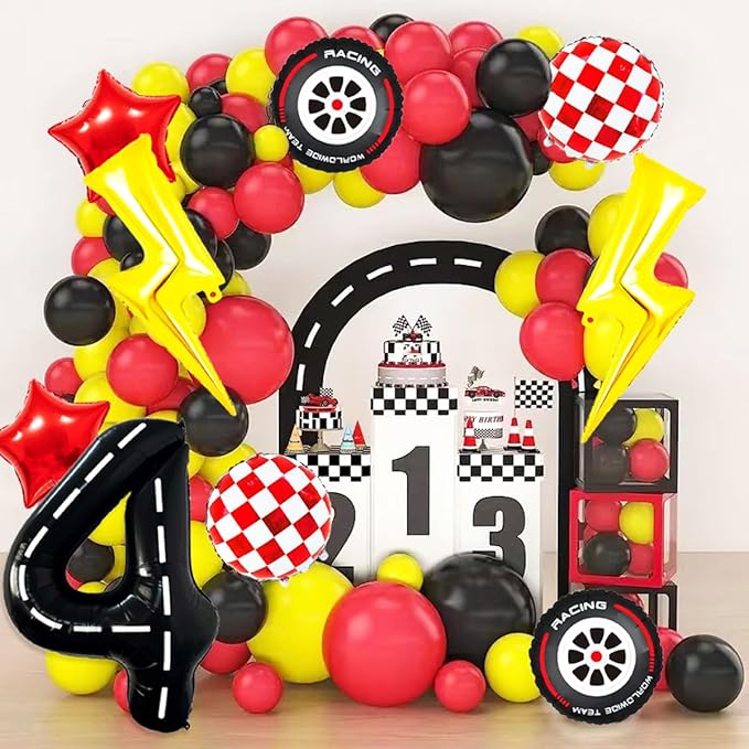 Race Car Birthday Party Decorations Large Lightning Bolt Foil Balloons Race Car Balloons 40 Inch Racetrack Number 4 Balloon for Boys 4th Race Car Birthday Party Decor Supplies