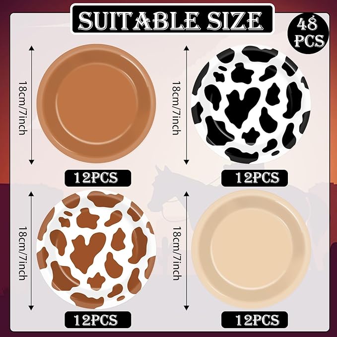 CHUNNIN 48Pcs Western Cowboy Party Paper Plates 7” Cow Print Party Supplies Brown Cowgirl Disposable Dessert Dinner Plates for Western Theme Farm Animal Birthday Baby Shower Farmhouse Party Decoration