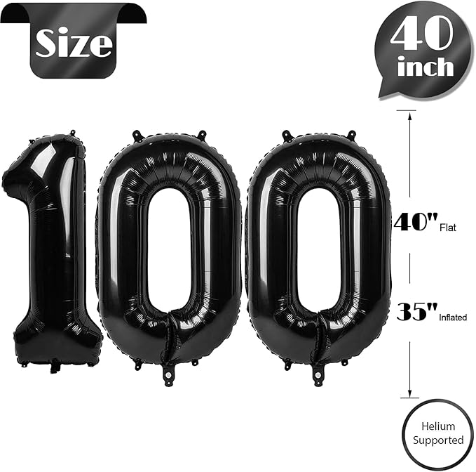 Black Number 100 Balloon 40 inch, 100 Number Balloons, 100th Black Birthday Decorations, 100 Year Old Women Men Party Supplies