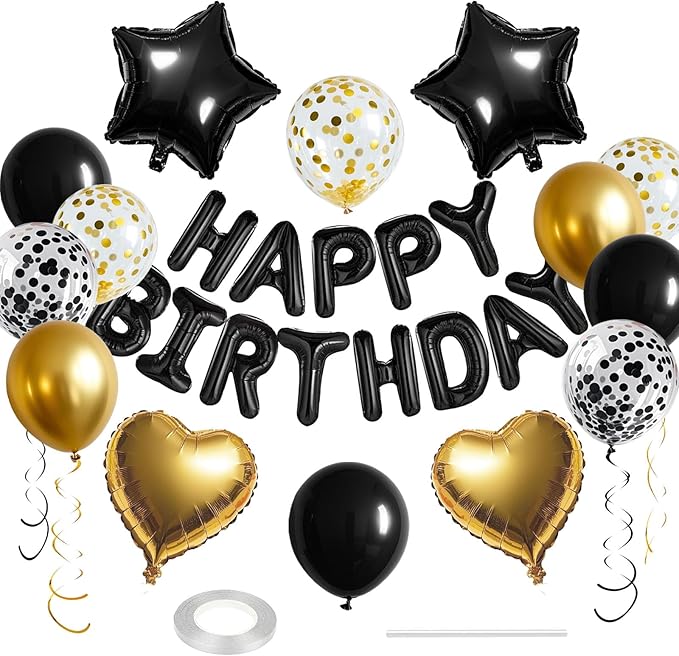 27 Pcs Black Gold Birthday Decorations, 3D Letters Black Happy Birthday Balloon Banner, Pentagram Heart Foil Balloons Confetti Balloons Kit For Boys Girls Party Supplies