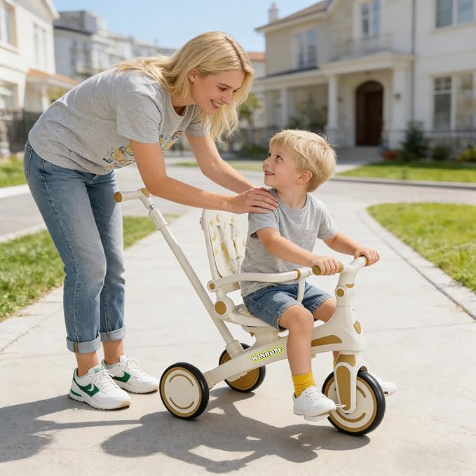 Winhope Kids Tricycle, 6 in 1 Baby's Tricycle Toddler Trike with Adjustable Push Handle, Reversible Seat and Canopy, Baby Stroller for 1-6 Year Olds, Suitable for Outdoor Activities (Beige)