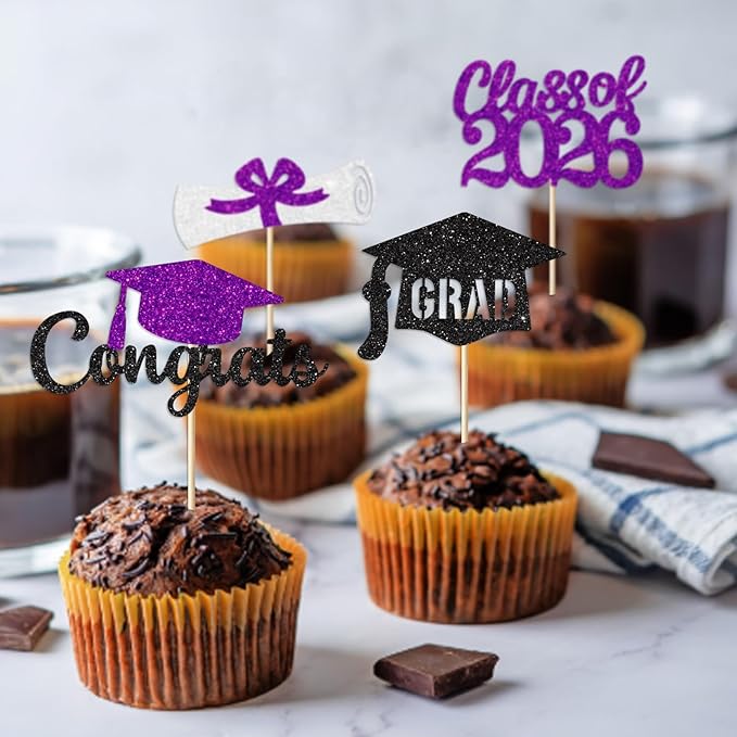 Purple Graduation Cupcake Toppers Decorations Class of 2026 Cupcake Topper Graduation Cup Cake Picks Congrats Grad Party Decor Supplies Set of 24