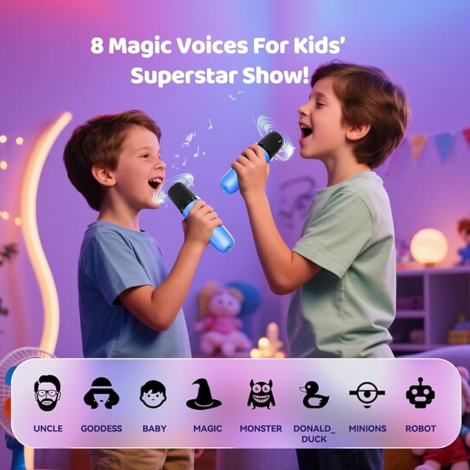 Kids Karaoke Machine for Boys Girls with Dual Microphones for Ages 3-12, Youth Karaoke Machine for Children, Bluetooth Speaker, Purple, Portable Design, 2 Wireless Mics-Blue