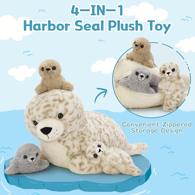 4 Pcs Seal Stuffed Animal Set, 20" Mother Plush Toy with 3 Babies in Mom's Belly, Cute Leopard Stuffed Seal Plushie for Girls Boys Kids, Kawaii Chirstmas Bithday