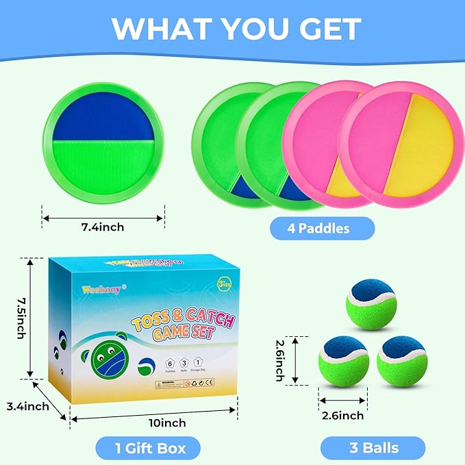 Beach Toys - Outdoor Games for Kids, Toss and Catch Ball Set with 4 Paddles 3 Balls, Toys for 3 4 5 6 7 8+ Year Old Boys Girls Christmas Birthday Gifts (Pink and Green)
