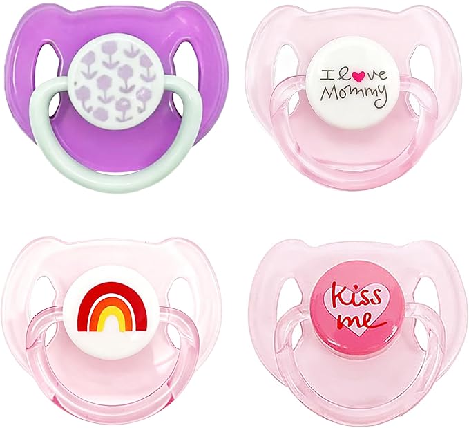 Magnetic Pacifiers for Reborn Baby Dolls 4 Piece，Pink Purple Styles, Doll Feeding Toy Accessories & Kids Gifts Set