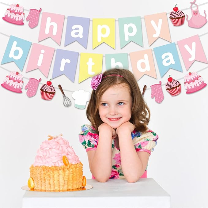 Zwiebeco Baking Happy Birthday Party Decoration Colorful Pink Banner Hanging Paper Garland Bunting Sign for Kids Girls Bake Themed Accessories Supplies