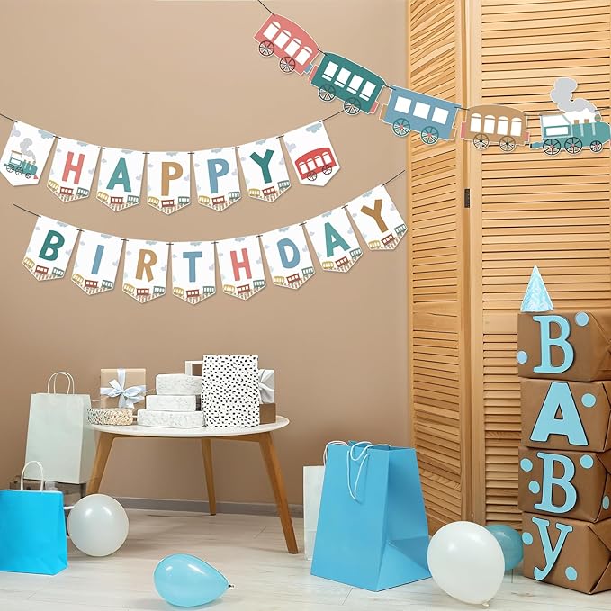 2 Pack 6 Feet Train Birthday Party Banner Decorations Retro Train Happy Birthday Garlands for Railroad Steam Vintage Party Supplies