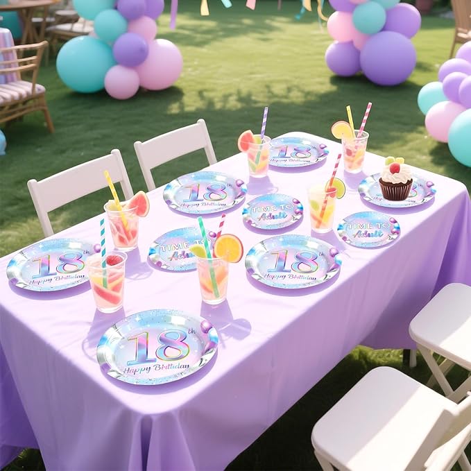 Grencian 96Pcs 18th Birthday Decorations Iridescent 18th Birthday Party Plates Disposable Happy 18 Bir-thday Paper Tableware Set for Teen Girls 18 Years Old Party Supplies Serves 24