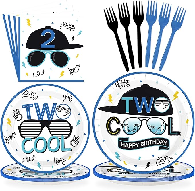 96Pcs Two Cool Birthday Party Decorations Blue 2nd Birthday Plates and Napkins Palm Frond Sunglasses Disposable Paper Tableware Set for Boys 2 Year Old Party Supplies Serves 24