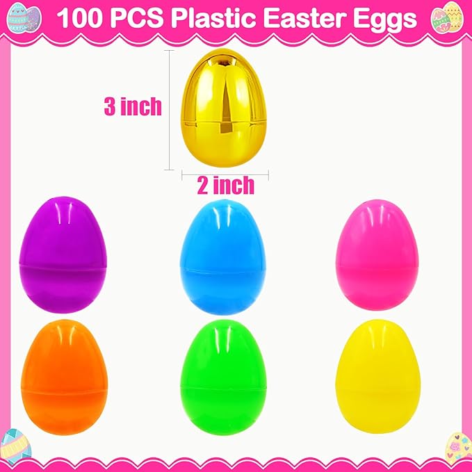 100 PCS 3" Large Plastic Easter Eggs with 6 Golden Eggs, Empty Fillable Colorful Eggs for Kids Easter Egg Hunt Classroom Prizes Basket Stuffers Easter Party Favors