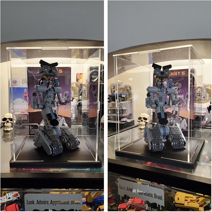 Thickened Clear Acrylic Display Case for Lego 75328 75976 Collectibles Minifigure, Self-Assembly Transparent Box Dustproof Protection with Wood-Plastic Base & String Light, Black Inside 5.9x5.9x7.9in
