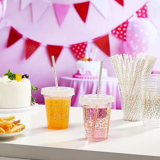 Domensi 50 Pcs Sprinkle Baby Shower Plastic Cup 12 oz Rainbow Confetti Sprinkle Thick Clear Cup Baby Shower Birthday Table Decorations Candy Color Party Supplies It's a Boy Girl