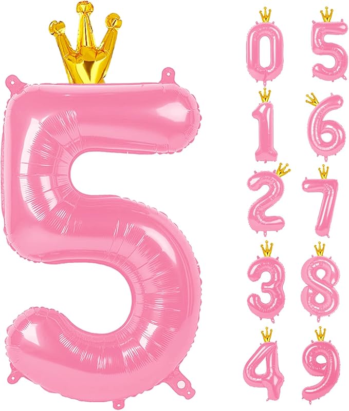 Pink 40 Inch Number Balloon (5) with Crown, Unique Foil Design, Reusable, for Birthday Party, Wedding, Anniversary