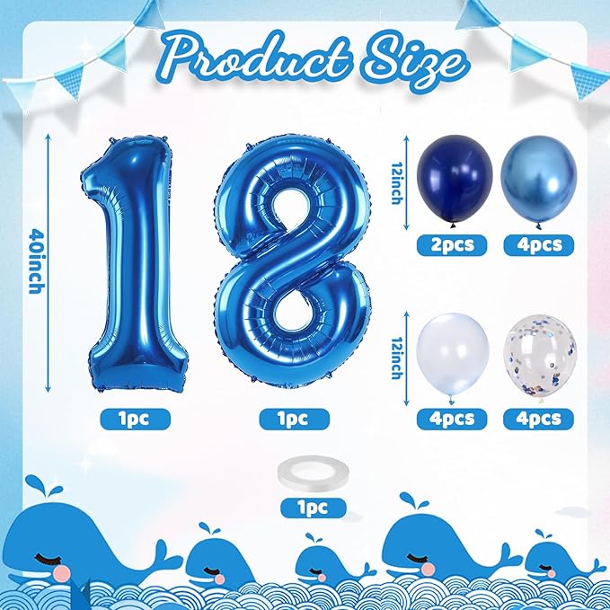 Navy Blue 18 Balloons, 40 Inch Dark Blue Foil Number 18 Balloon Set, XXL Self Inflating 18 Helium Balloon with Metallic Blue Silver Confetti Balloon for Men 18th Birthday Anniversary Party Decorations